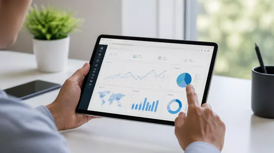 Tablet displaying a website analytics setup form with charts and data, representing website analytics setup services