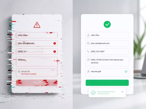 Comparison showing a broken contact form versus a fully functional, sleek contact form