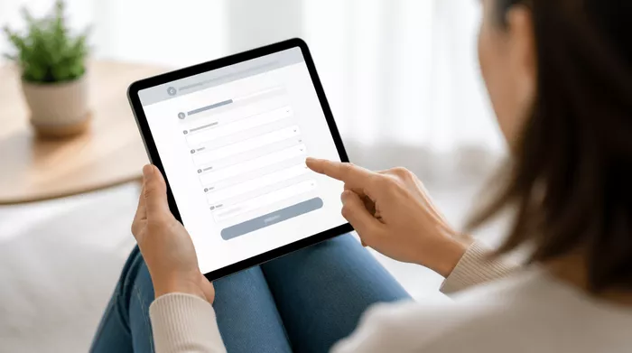 Modern tablet displaying a contact form with a user submitting details, highlighting successful form submission