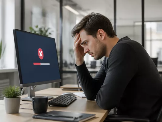 Person looking distressed at a computer screen showing an error message, symbolizing data loss during migration.