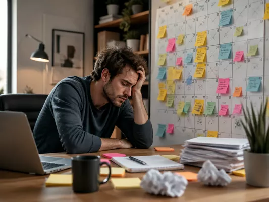 Person looking exhausted at a calendar filled with 'migration' tasks, depicting wasted time and effort.