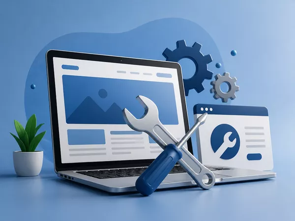 Before and after of a website repair showing a broken site transforming into a fully functional one