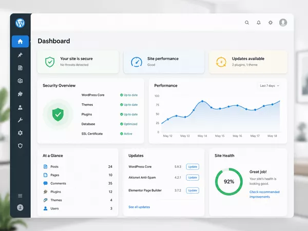 Illustration of a clean, optimized WordPress dashboard with security badges and speed graphs