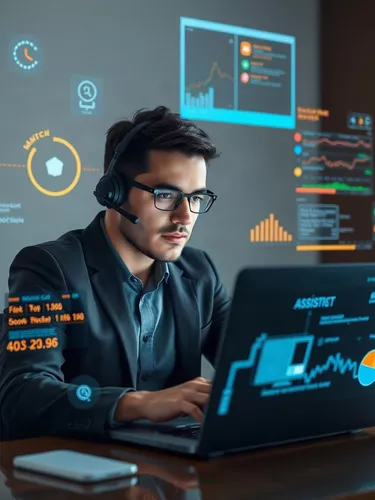 Modern business professional working on a laptop with website elements around them, symbolizing web assistance